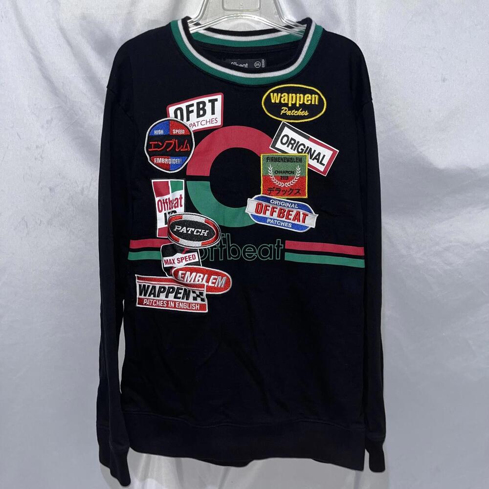 Offbeat Sweatshirt Men’s Size 2XL Black Colorful Patches Crew Neck Long Sleeve